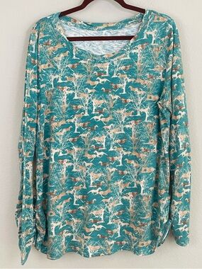 Sundance Teal Horse Print Long Sleeve Scoop Neck Cotton Tee Size XL Western